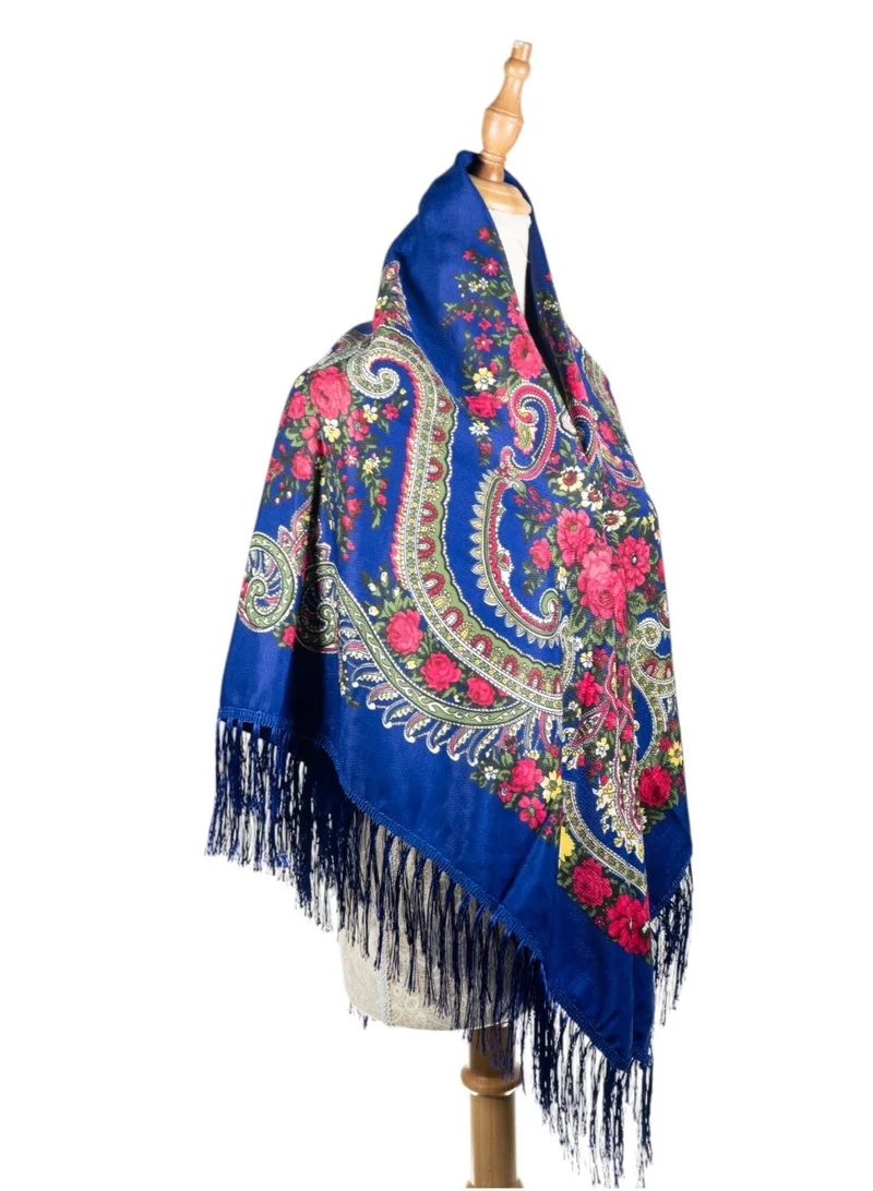 بيداني وشاح أزرق ملكي بنقش زهور وورود شعبية متعددة الألوان